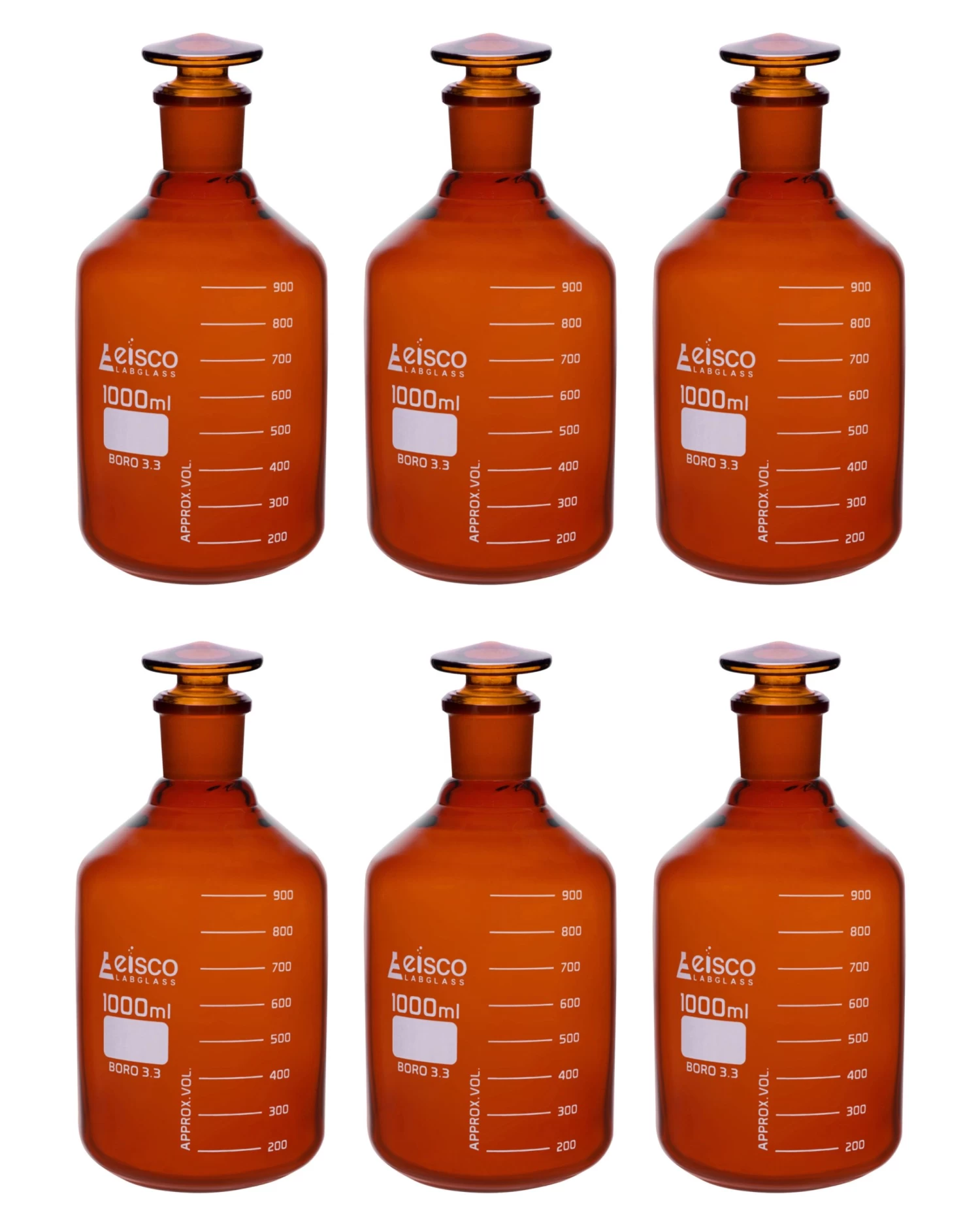 6PK Reagent Bottles, Amber, 1000mL - Graduated - Narrow Mouth With Solid Glass Stopper - Borosilicate Glass 1 6PK Reagent Bottles, Amber, 1000mL - Graduated - Narrow Mouth With Solid Glass Stopper - Borosilicate Glass