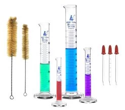 Graduated Cylinders, Cleaning Brushes, And Glass Droppers 9 Piece Set - Class B - 5mL, 10mL, 50mL, 100mL - Borosilicate Glass