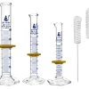 Graduated Cylinders & Cleaning Brushes - 5 Piece Set - ASTM Class A - 5mL, 10mL, 25mL - Blue Graduations - 2 Nylon Bristle Brushes - Borosilicate Glass