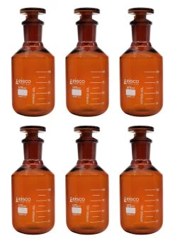6PK Reagent Bottles, Amber, 125mL - Graduated - Narrow Mouth With Solid Glass Stopper - Borosilicate Glass