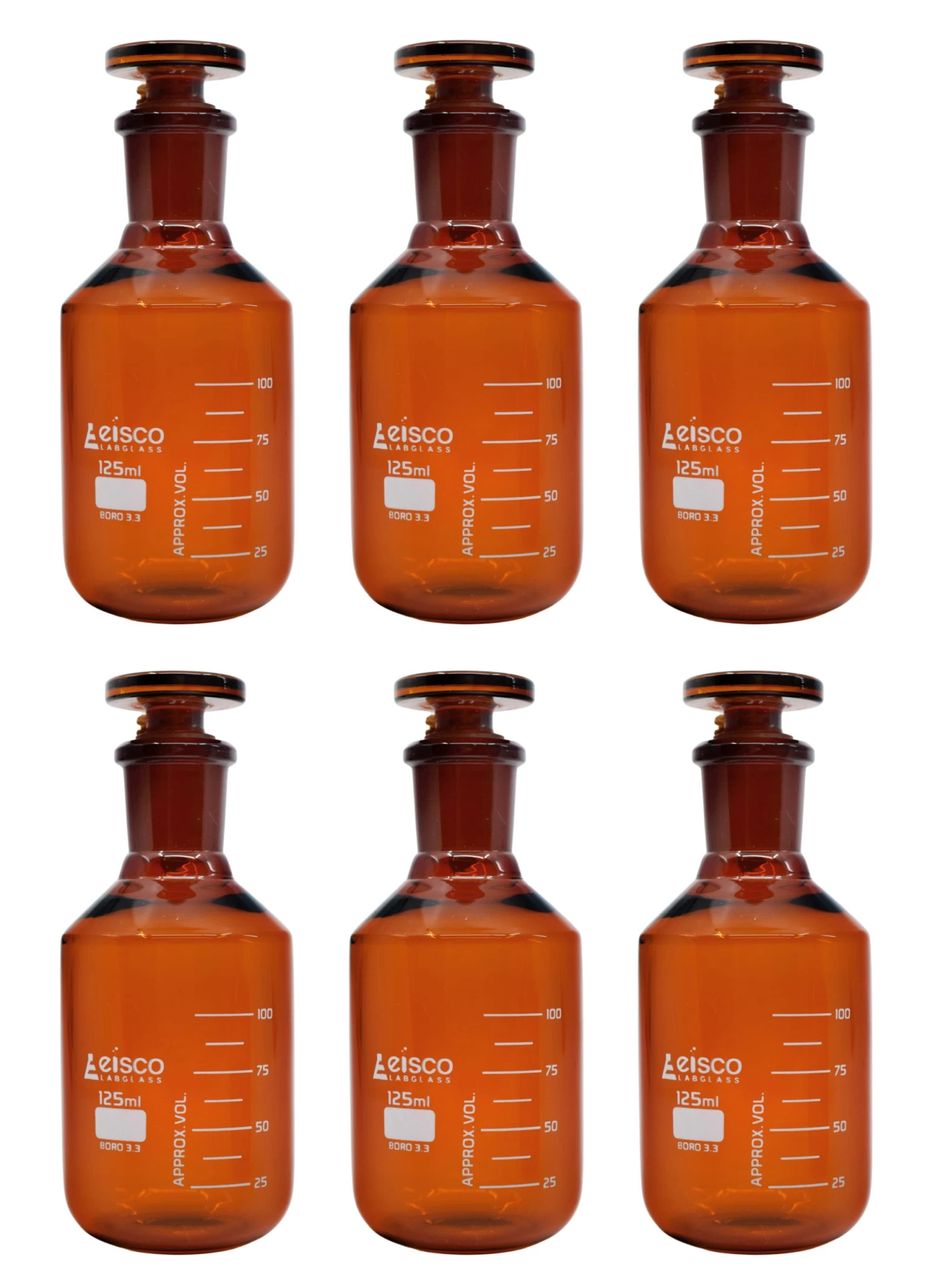 6PK Reagent Bottles, Amber, 125mL - Graduated - Narrow Mouth With Solid Glass Stopper - Borosilicate Glass 1 6PK Reagent Bottles, Amber, 125mL - Graduated - Narrow Mouth With Solid Glass Stopper - Borosilicate Glass