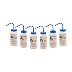 6PK Wash Bottle For Sodium Hypochloride (Bleach), 500ml - Labeled With Color Coded Chemical & Safety Information (4 Colors) - Wide Mouth, Self Venting, Low Density Polyethylene -