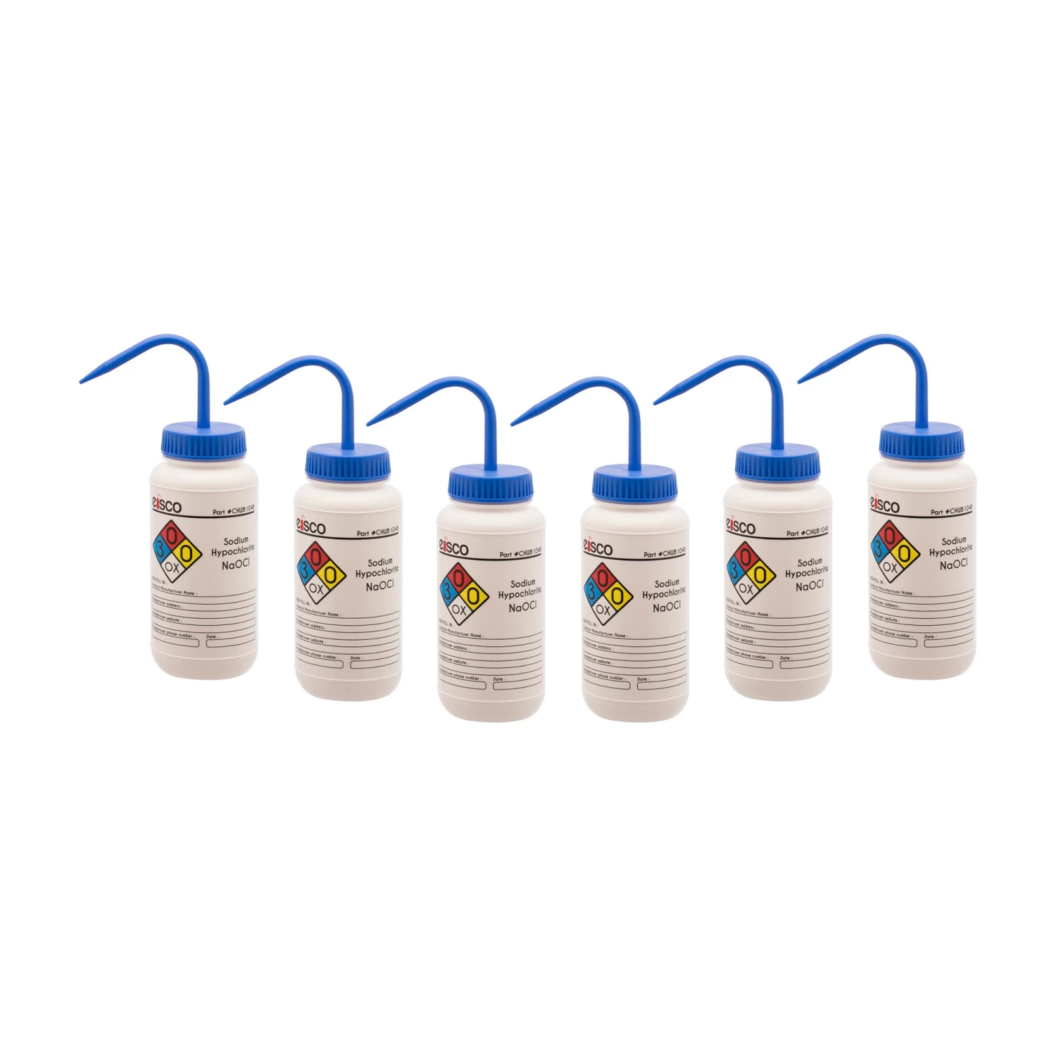 6PK Wash Bottle For Sodium Hypochloride (Bleach), 500ml - Labeled With Color Coded Chemical & Safety Information (4 Colors) - Wide Mouth, Self Venting, Low Density Polyethylene - 1 6PK Wash Bottle For Sodium Hypochloride (Bleach), 500ml - Labeled With Color Coded Chemical & Safety Information (4 Colors) - Wide Mouth, Self Venting, Low Density Polyethylene -