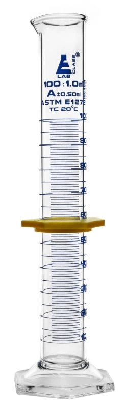 Graduated Cylinder, 100mL - ASTM Class A - Protective Collar, Hexagonal Base - Blue Graduations - Borosilicate Glass
