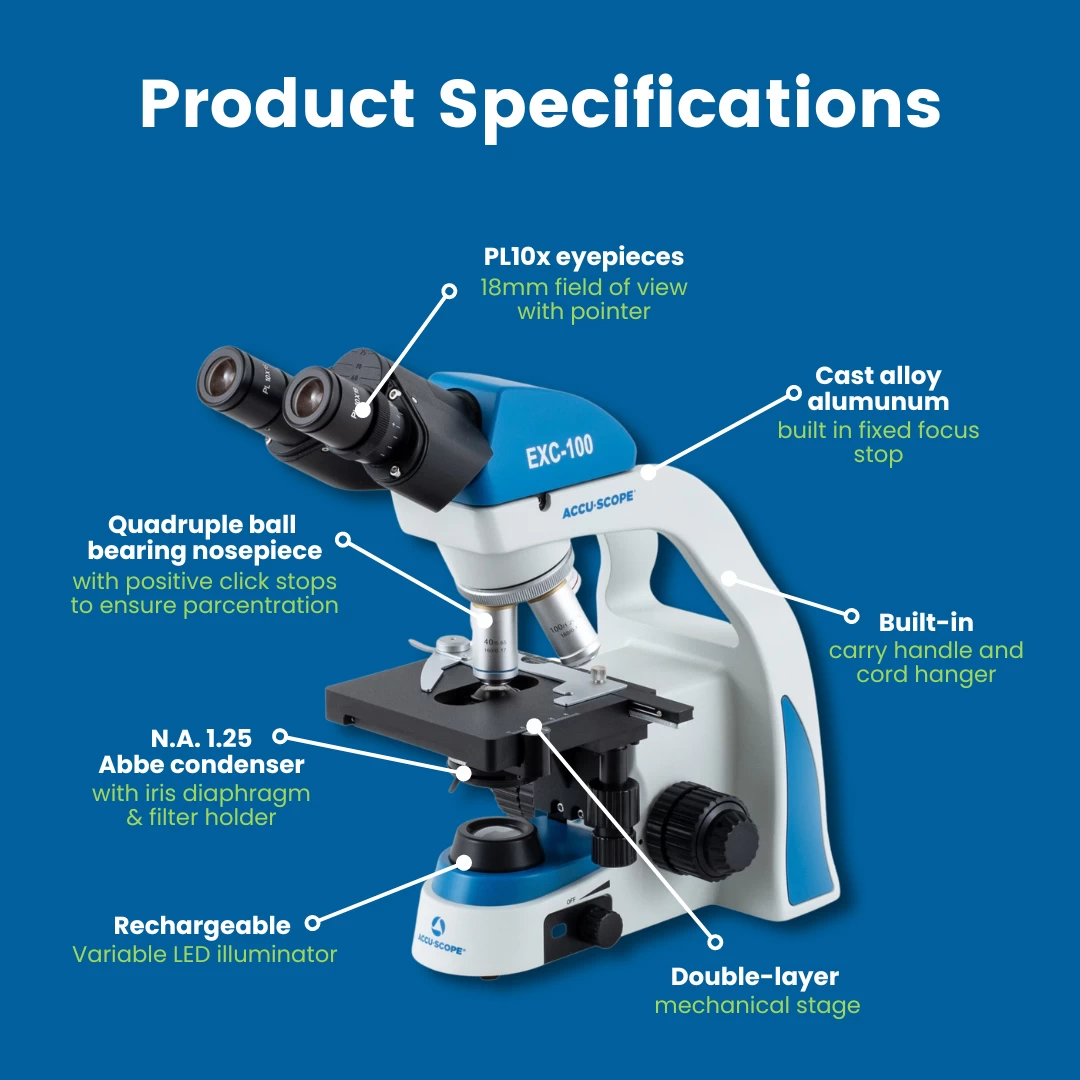 Microscope EXC-100 - Binocular Head, 40-1000X Magnification, Achromat Objectives, Mechanical Stage, Iris Diaphragm, Cordless LED Illumination 2 Microscope EXC-100 - Binocular Head, 40-1000X Magnification, Achromat Objectives, Mechanical Stage, Iris Diaphragm, Cordless LED Illumination - Image 2
