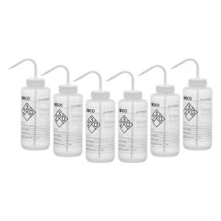 6PK Wash Bottle For Ethanol, 1000ml - Labeled With Color Coded Chemical & Safety Information (2 Color)- Wide Mouth, Self Venting, Low Density Polyethylene - Performance Plastics By