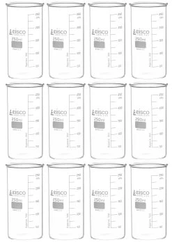 12PK Beakers, 250mL - Berzelius Tall Form, No Spout - Graduated - Borosilicate Glass