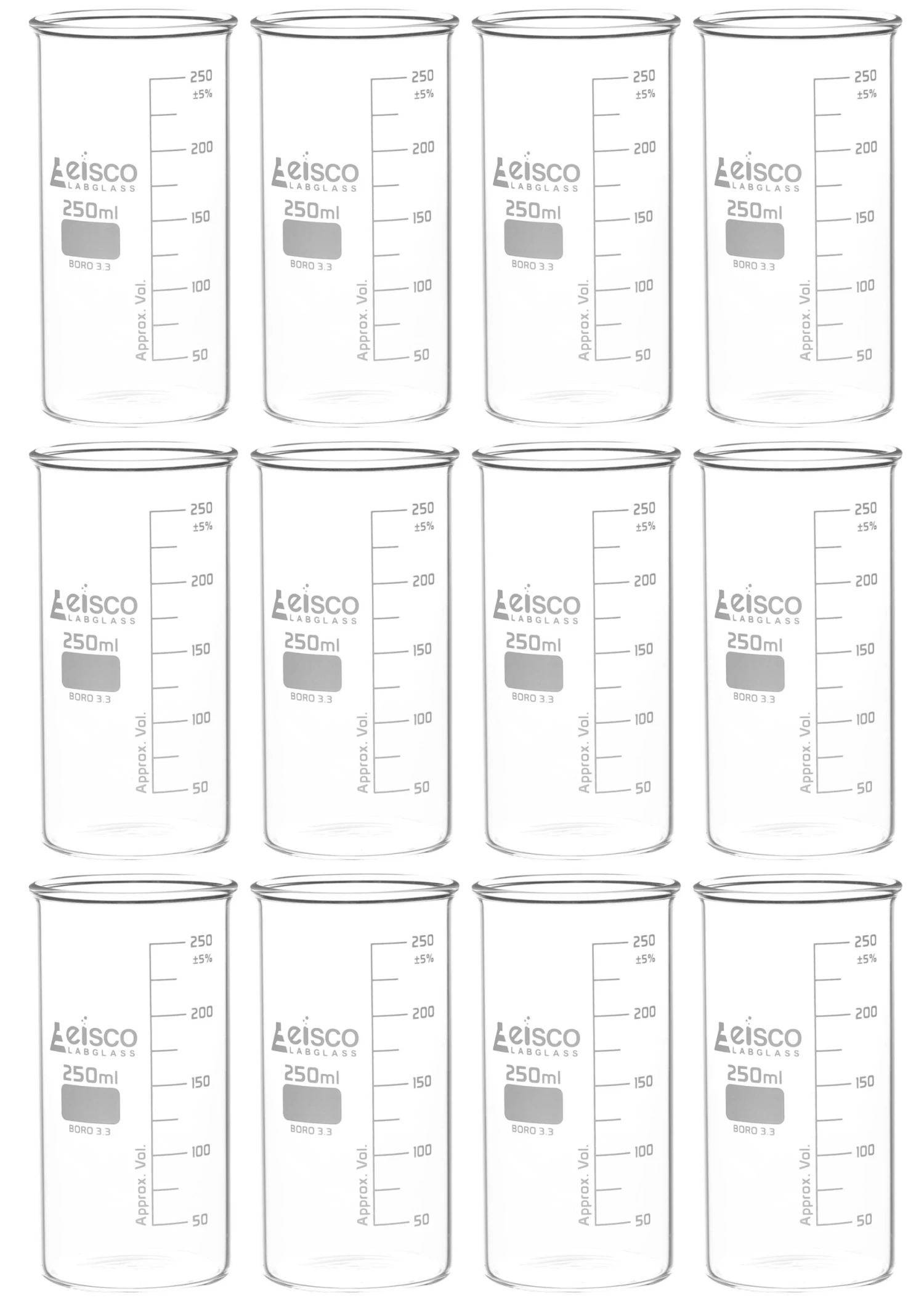 12PK Beakers, 250mL - Berzelius Tall Form, No Spout - Graduated - Borosilicate Glass 1 12PK Beakers, 250mL - Berzelius Tall Form, No Spout - Graduated - Borosilicate Glass