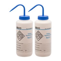 2PK Wash Bottle For Sodium Hypochlorite (Bleach), 1000ml - Labeled With Color Coded Chemical & Safety Information (2 Color)- Wide Mouth, Self Venting, LDPE - Performance Plastics By