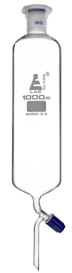 Dropping Funnel, 1000mL - Cylindrical, Graduated, Bent Arm - With 29/32 Plastic Stopper & Screw-Type Rotaflow Key Stopcock - Borosilicate Glass