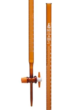Burette, Amber, 50mL - Class A - With PTFE Stopcock - Borosilicate Glass