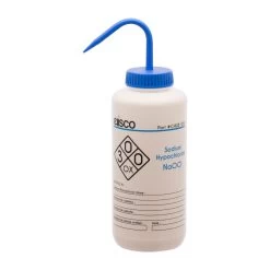 Wash Bottle For Sodium Hypochlorite (Bleach), 1000ml - Labeled With Color Coded Chemical & Safety Information (2 Color)- Wide Mouth, Self Venting, LDPE - Performance Plastics By