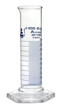 Graduated Cylinder, 100mL - Class A - Squat Form - Hexagonal Base - Blue Graduations - Borosilicate Glass