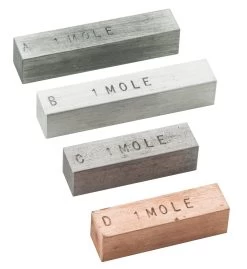 Mole Set - 4 Metal Bars That Represent "1 Mole" Of The Element - Copper, Iron, Zinc, Aluminum