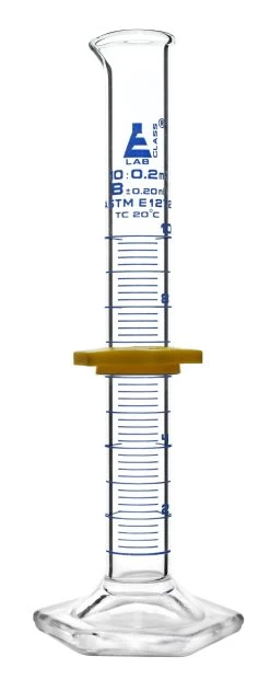 Graduated Cylinder, 10mL - ASTM Class B - Protective Collar, Hexagonal Base - Blue Graduations - Borosilicate Glass
