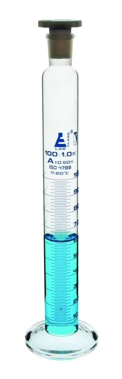 Graduated Cylinder, 2000mL - Class A - 34/35 Polypropylene Stopper - Round Base - White Graduations - Borosilicate Glass