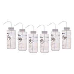 6PK Wash Bottle For Distilled Water, 1000ml - Color Coded Chemical & Safety Information (2 Color)- Wide Mouth, Self Venting, Low Density Polyethylene - Performance Plastics By