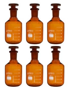 6PK Reagent Bottles, Amber, 60mL - Graduated - Narrow Mouth With Solid Glass Stopper - Borosilicate Glass