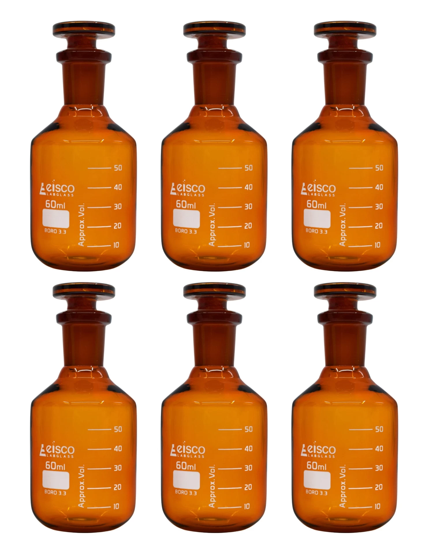 6PK Reagent Bottles, Amber, 60mL - Graduated - Narrow Mouth With Solid Glass Stopper - Borosilicate Glass 1 6PK Reagent Bottles, Amber, 60mL - Graduated - Narrow Mouth With Solid Glass Stopper - Borosilicate Glass