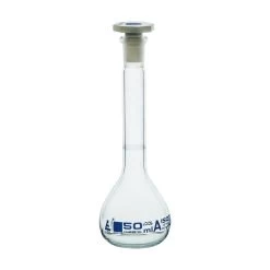 Volumetric Flask, 50ml - Class A Tolerance ±0.06ml - 12/21 Polypropylene Stopper - Single Graduation Mark - Borosilicate Glass -
