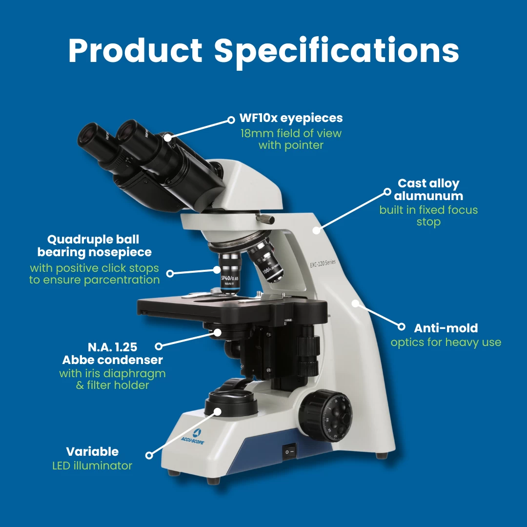 Microscope EXC-120 - Binocular Head, 40-1000X Magnification, Achromat Objectives, Mechanical Stage, Iris Diaphragm 2 Microscope EXC-120 - Binocular Head, 40-1000X Magnification, Achromat Objectives, Mechanical Stage, Iris Diaphragm - Image 2