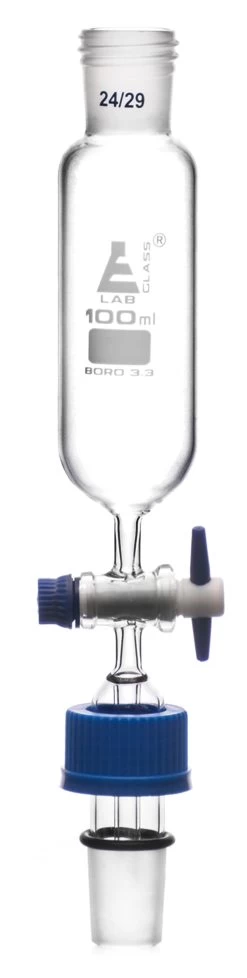 Dropping Funnel, 100mL - Cylindrical - With PFTE Stopcock & 24/29 Screw Thread Socket - Borosilicate Glass