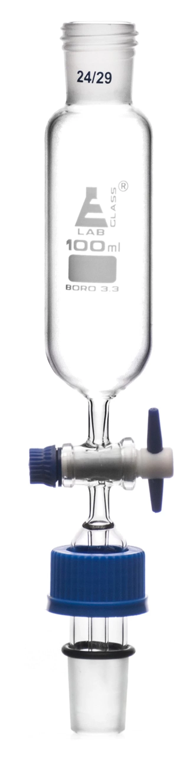 Dropping Funnel, 100mL - Cylindrical - With PFTE Stopcock & 24/29 Screw Thread Socket - Borosilicate Glass 1 Dropping Funnel, 100mL - Cylindrical - With PFTE Stopcock & 24/29 Screw Thread Socket - Borosilicate Glass