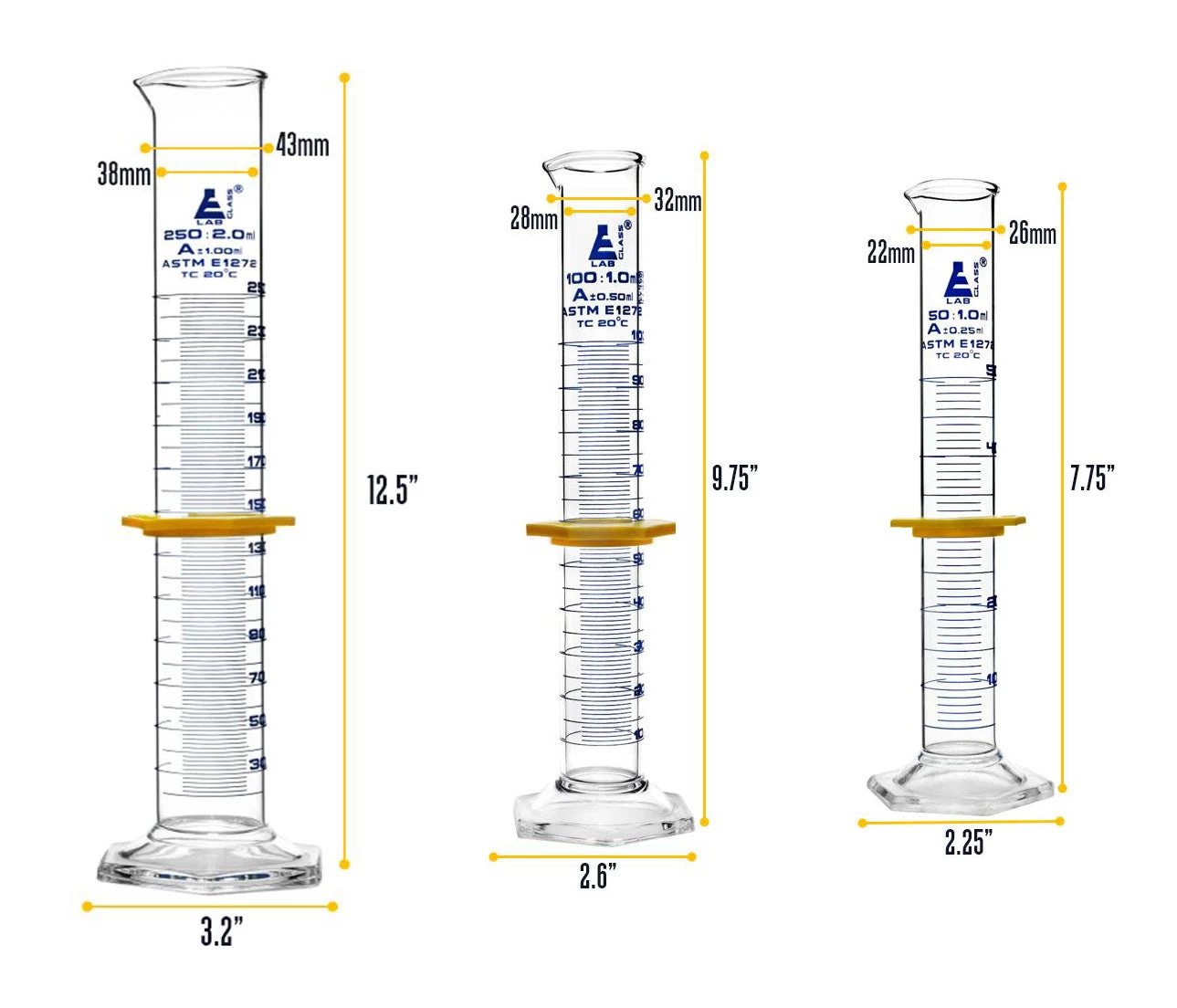 Premium Graduated Cylinder Set - 50mL, 100mL & 250mL - ASTM Class A - Protective Collars - Hexagonal Base - Blue Graduations - Borosilicate Glass 3 Premium Graduated Cylinder Set - 50mL, 100mL & 250mL - ASTM Class A - Protective Collars - Hexagonal Base - Blue Graduations - Borosilicate Glass - Image 3