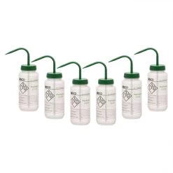 6PK Wash Bottle For Methanol, 500ml - Labeled With Color Coded Chemical & Safety Information (2 Color)- Wide Mouth, Self Venting, Polypropylene - Performance Plastics By