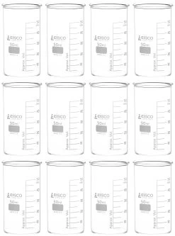 12PK Beakers, 50mL - Berzelius Tall Form, No Spout - Graduated - Borosilicate Glass
