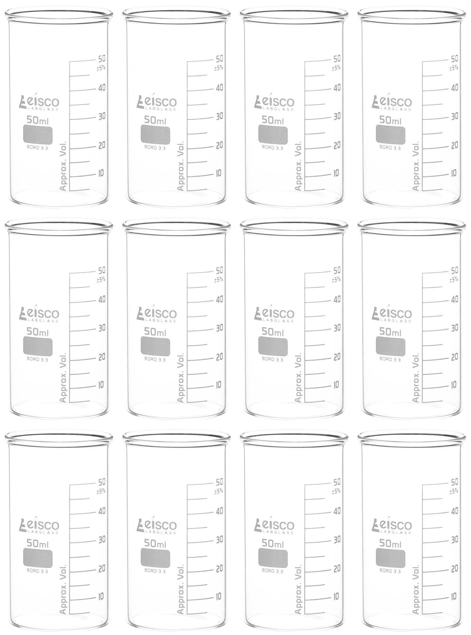 12PK Beakers, 50mL - Berzelius Tall Form, No Spout - Graduated - Borosilicate Glass 1 12PK Beakers, 50mL - Berzelius Tall Form, No Spout - Graduated - Borosilicate Glass