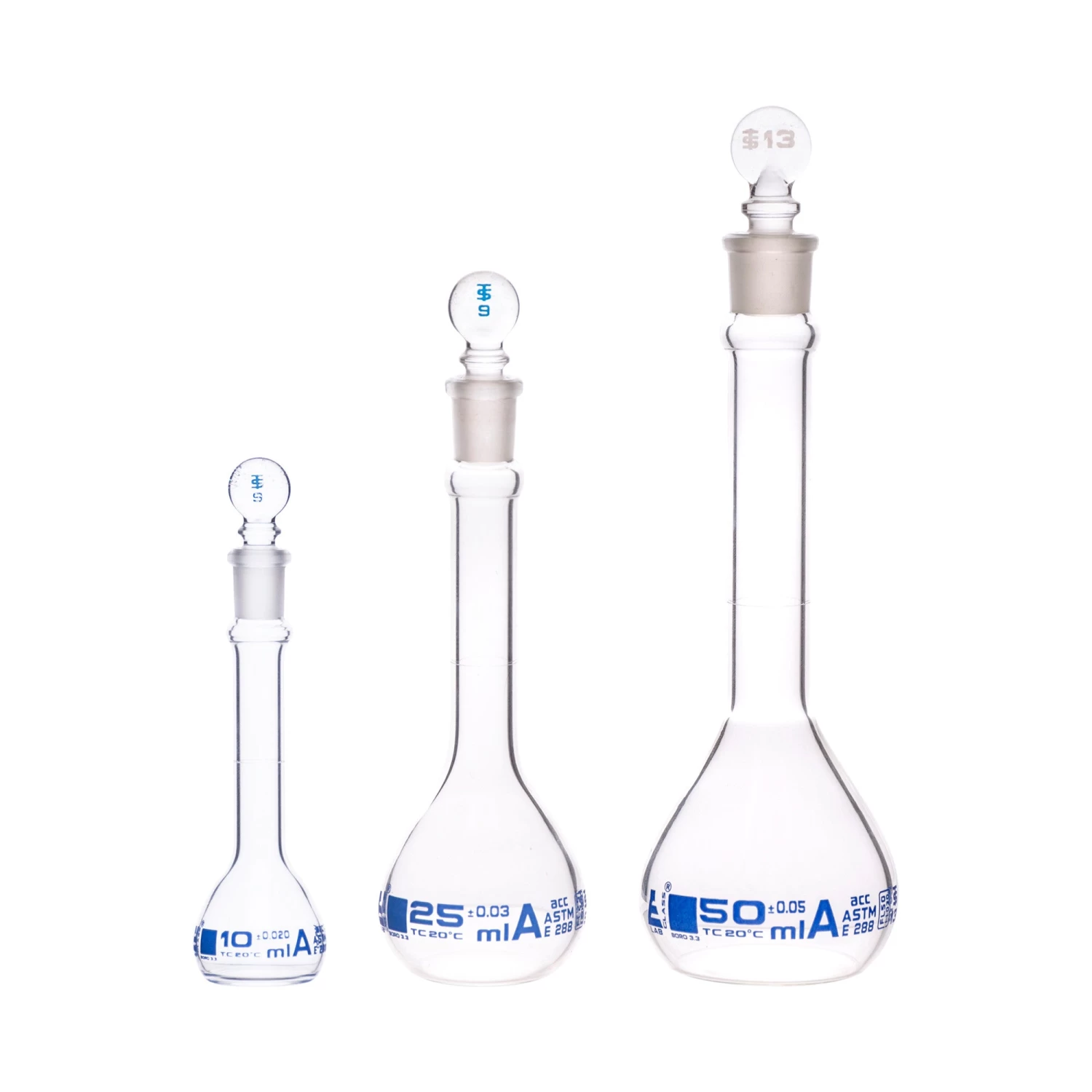 Premium Volumetric Flask Set - 10ml, 25ml & 50ml - Class A, ASTM E288 - Superior Durability & Chemical Resistance - Glass Penny Stoppers - Borosilicate 3.3 Glass - 2 Premium Volumetric Flask Set - 10ml, 25ml & 50ml - Class A, ASTM E288 - Superior Durability & Chemical Resistance - Glass Penny Stoppers - Borosilicate 3.3 Glass - - Image 2