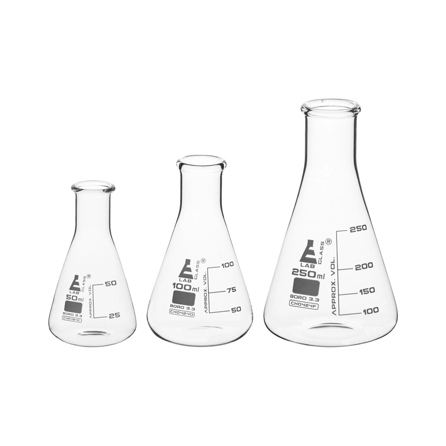Premium Erlenmeyer Flask Set - 50ml, 100ml & 250ml - Narrow Neck, White Graduations - Superior Durability & Chemical Resistance - Borosilicate 3.3 Glass - 2 Premium Erlenmeyer Flask Set - 50ml, 100ml & 250ml - Narrow Neck, White Graduations - Superior Durability & Chemical Resistance - Borosilicate 3.3 Glass - - Image 2