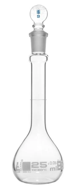 Volumetric Flask, 25ml Capacity, With Glass Stopper, Class A, Complies With ASTM-E288 - White Graduation Line, Flat Bottom - Borosilicate Glass -