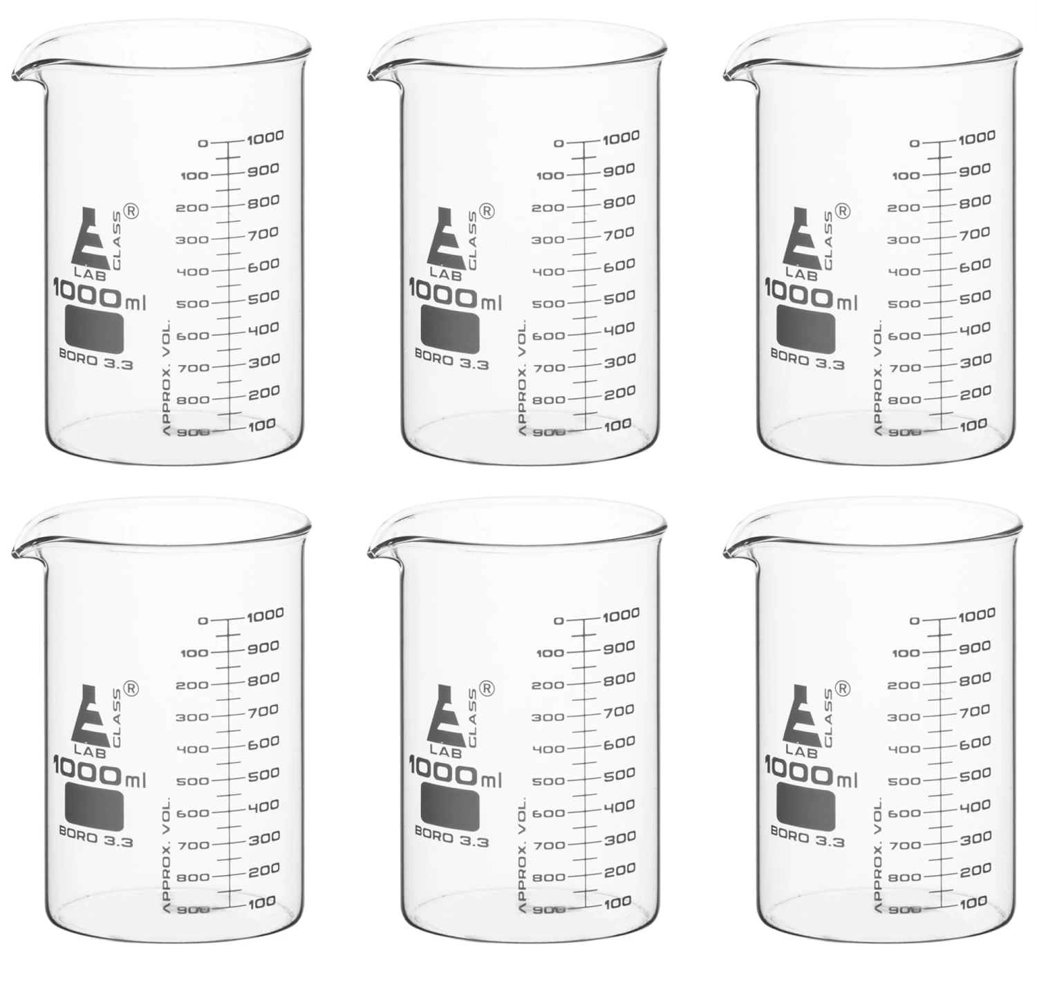6PK Beakers, 1000ml - ASTM - Low Form - Graduated - Borosilicate Glass 1 6PK Beakers, 1000ml - ASTM - Low Form - Graduated - Borosilicate Glass