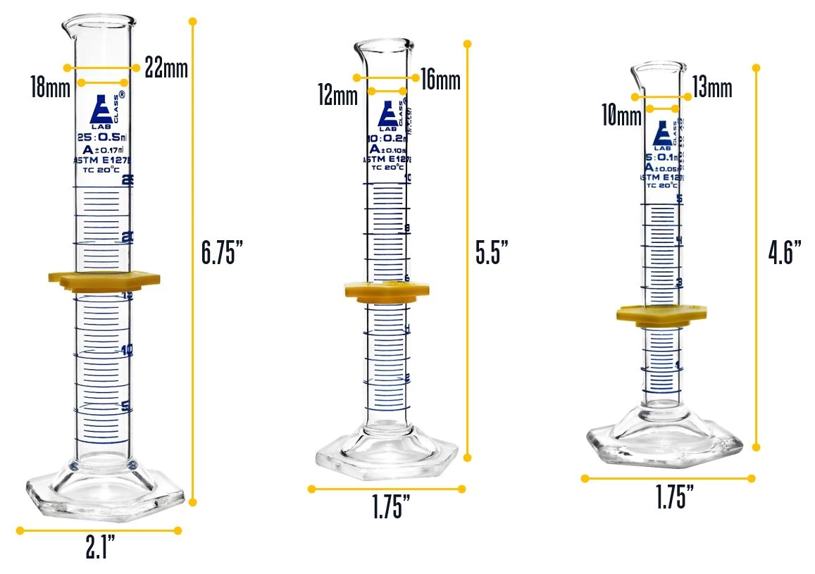 Graduated Cylinders 3 Piece Set - ASTM Class A - 5mL, 10mL & 25mL - Protective Collars, Hexagonal Base - Blue Graduations - Borosilicate Glass 5 Graduated Cylinders 3 Piece Set - ASTM Class A - 5mL, 10mL & 25mL - Protective Collars, Hexagonal Base - Blue Graduations - Borosilicate Glass - Image 5