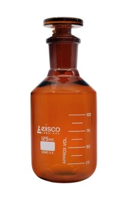 Reagent Bottle, Amber, 125mL - Graduated - Narrow Mouth With Solid Glass Stopper - Borosilicate Glass