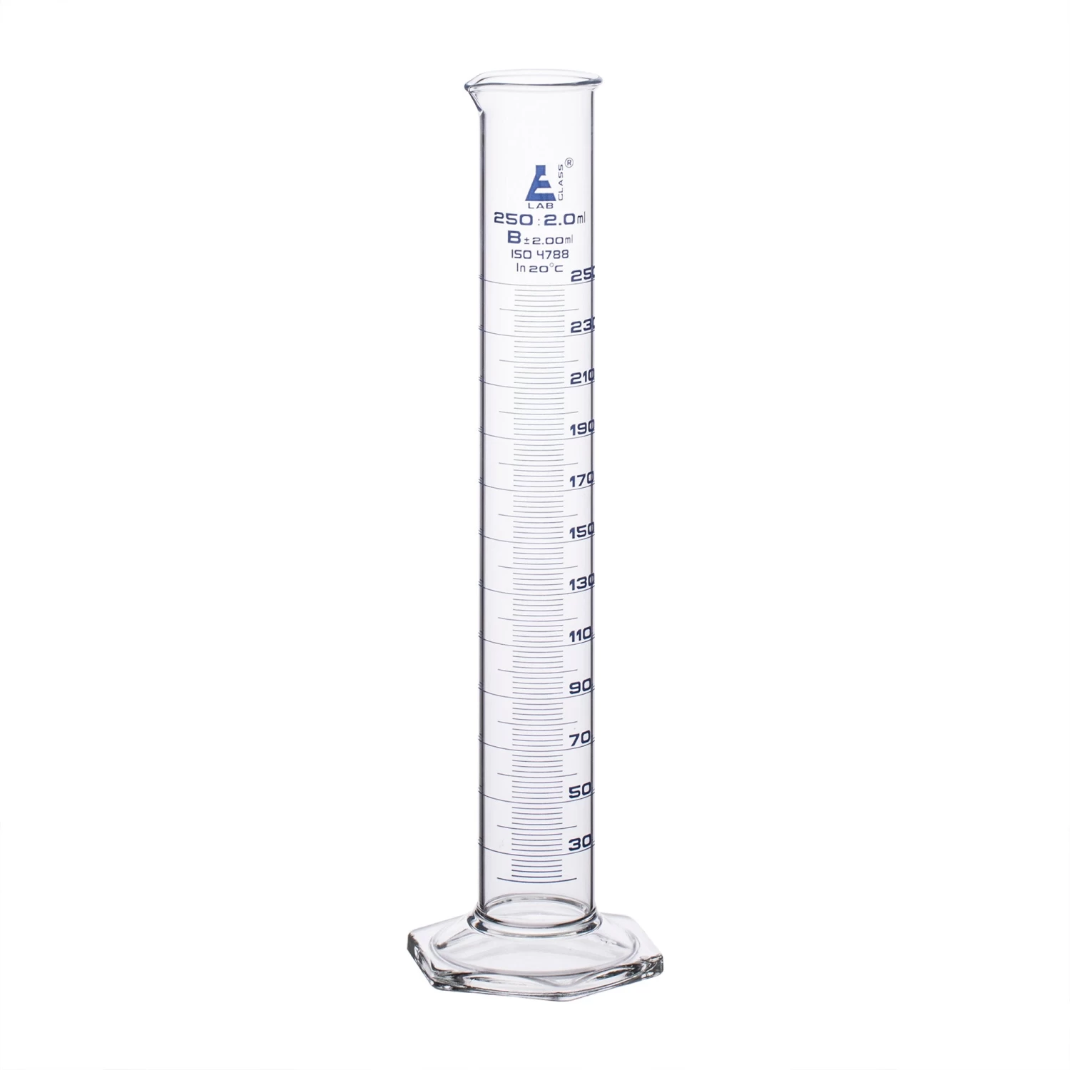 Graduated Cylinder, 250ml - Class B - Blue Graduations - Hexagonal Base 1 Graduated Cylinder, 250ml - Class B - Blue Graduations - Hexagonal Base