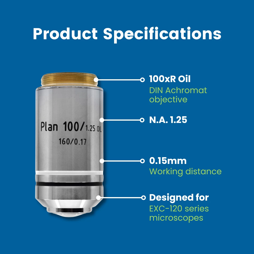 Microscope Objective, 100xR Oil DIN Plan Achromat - FitsEXC-120 Series Microscopes 2 Microscope Objective, 100xR Oil DIN Plan Achromat - FitsEXC-120 Series Microscopes - Image 2