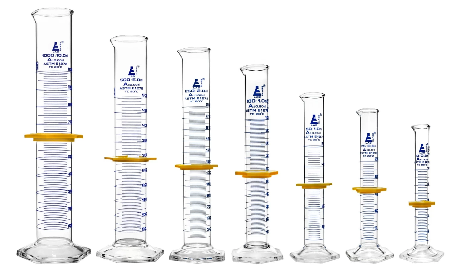 Graduated Cylinders 7 Piece Set - ASTM Class A - 10mL, 25mL, 50mL, 100mL, 250mL, 500mL & 1000mL - Protective Collars, Hexagonal Base - Blue Graduations - Borosilicate Glass 1 Graduated Cylinders 7 Piece Set - ASTM Class A - 10mL, 25mL, 50mL, 100mL, 250mL, 500mL & 1000mL - Protective Collars, Hexagonal Base - Blue Graduations - Borosilicate Glass