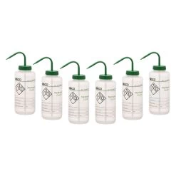 6PK Wash Bottle For Methanol, 1000ml - Labeled With Color Coded Chemical & Safety Information (2 Color)- Wide Mouth, Self Venting, Polypropylene - Performance Plastics By