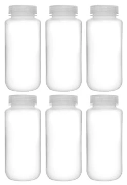 6PK Reagent Bottles, 500ml - Wide Neck With Screw Cap - Polypropylene