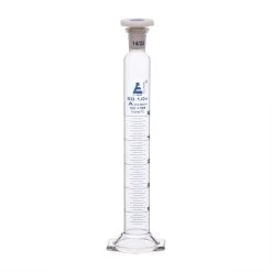 Measuring Cylinder, 50mL - Class A - 14/23 Polypropylene Stopper - Hexagonal Base - Blue Graduations - Borosilicate Glass