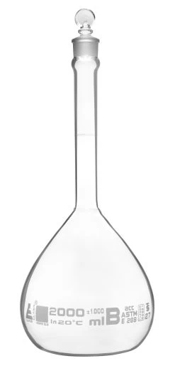 Volumetric Flask, 2000ml - Fitted With Solid Glass Stopper - Class B, Tolerance ±1.000ml - White Graduation Mark - Borosilicate Glass -