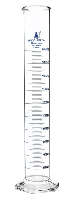 Graduated Cylinder, 2000ml - Class B - Blue Graduations - Hexagonal Base