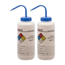 2PK Wash Bottle For Sodium Hypochlorite (Bleach), 1000ml - Labeled With Color Coded Chemical & Safety Information (4 Colors) - Wide Mouth, Self Venting, LDPE - Performance Plastics By