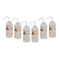 6PK Wash Bottle For Ethanol, 1000ml - Labeled With Color Coded Chemical & Safety Information (4 Colors) - Wide Mouth, Self Venting, Low Density Polyethylene - Performance Plastics By
