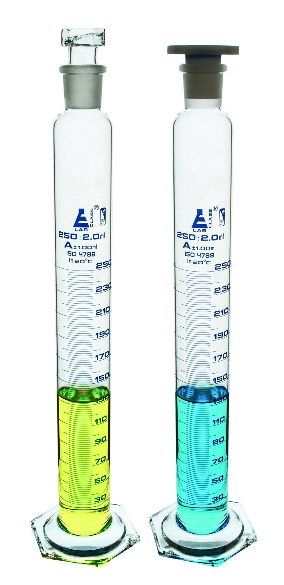 Graduated Cylinder, 2000mL - Class A - 34/35 Polypropylene Stopper - Hexagonal Base - Blue Graduations - Borosilicate Glass 1 Graduated Cylinder, 2000mL - Class A - 34/35 Polypropylene Stopper - Hexagonal Base - Blue Graduations - Borosilicate Glass
