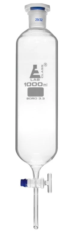 Dropping Funnel, 1000mL - Cylindrical, Graduated - With 29/32 Plastic Stopper & Glass Key Stopcock - Borosilicate Glass