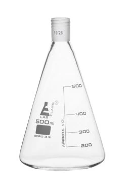 Erlenmeyer Flask With 19/26 Joint, 500ml Capacity, 100ml Graduations, Interchangeable Screw Thread Joint, Borosilicate Glass -